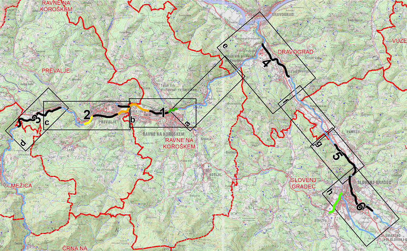 Protipoplavni ukrepi na Meži, Mislinji in Homšnici so razdeljeni na ukrepe od 1 do 6 (DRSV, 2018c) Razdelitev ukrepov na Meži, Mislinji in Homšnici
