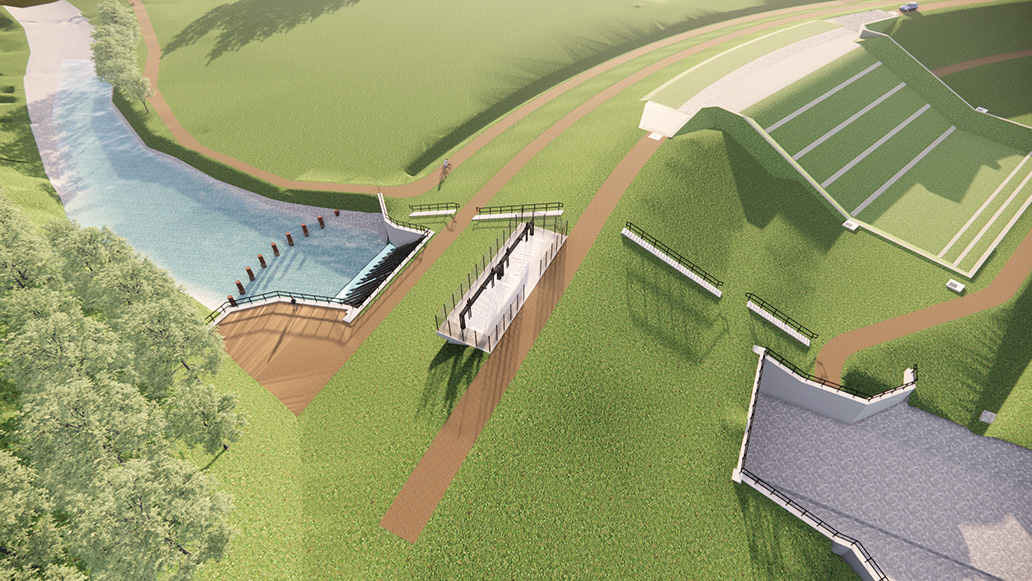 3D prikaz predvidenega suhega zadrževalnika visokih voda Poljana (3D prikaz: IBE d.d.) 3D prikaz