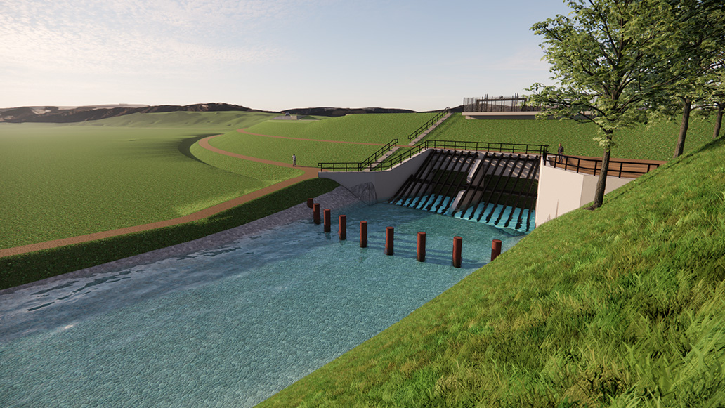 3D prikaz predvidenega suhega zadrževalnika visokih voda Poljana (3D prikaz: IBE d.d.) 3D prikaz