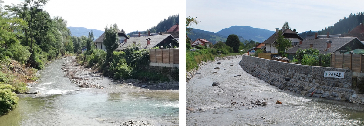 Ureditev Meže na območju Prevalj II, pred in po izvedenem ukrepu Ureditev Meže na območju Prevalj II, pred in po izvedenem ukrepu