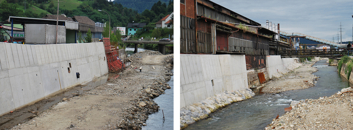 Podbetoniranje (zaščita pete opornih zidov s kamnom v betonu), obbetoniranje in nadvišanje obstoječih zidov na desnem bregu reke Meže znotraj območja Železarne Ravne Podbetoniranje, obbetoniranje in nadvišanje obstoječih zidov